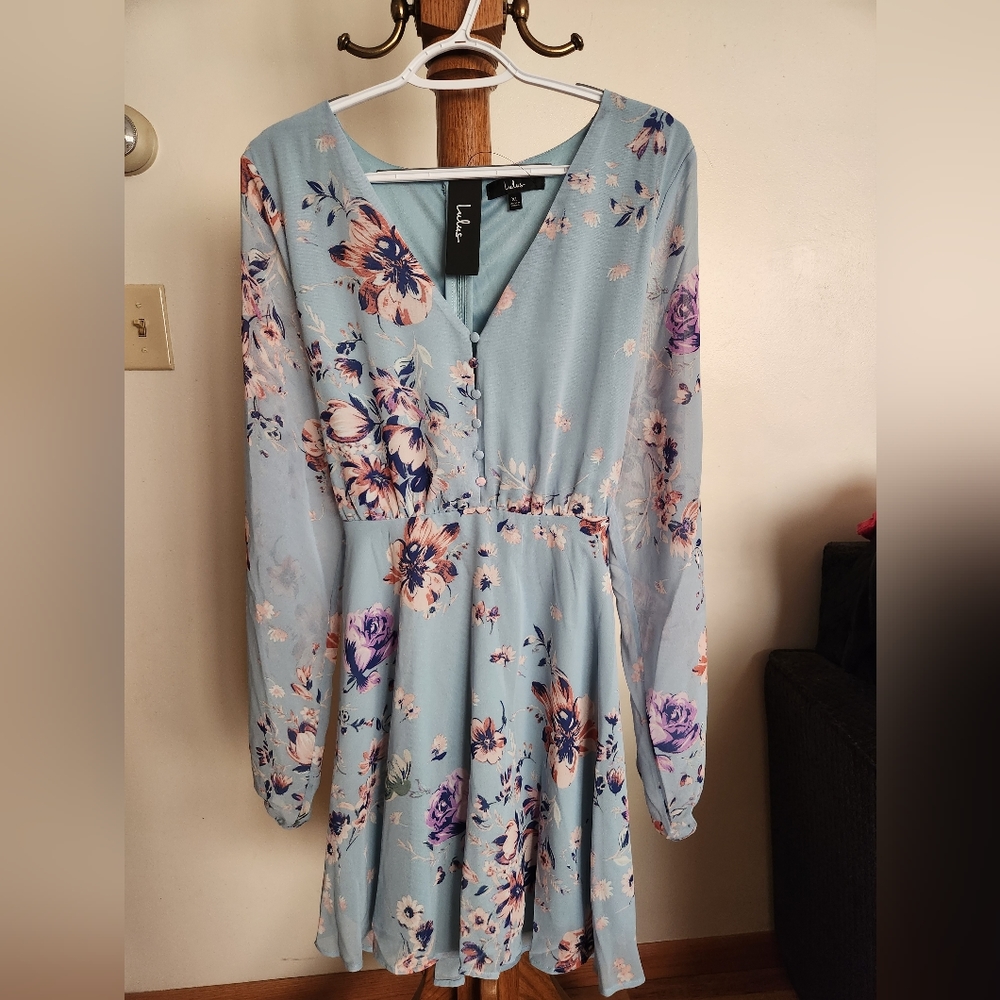 Always Yours Light Blue Floral Print Long Sleeve Skater Dress from Lulu's